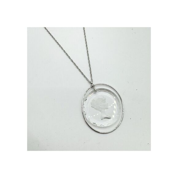 Vtg Crystal Glass Intaglio Cameo Lady Pendant Hallmark Cards Inc Rope Necklace - Picture 5 of 13